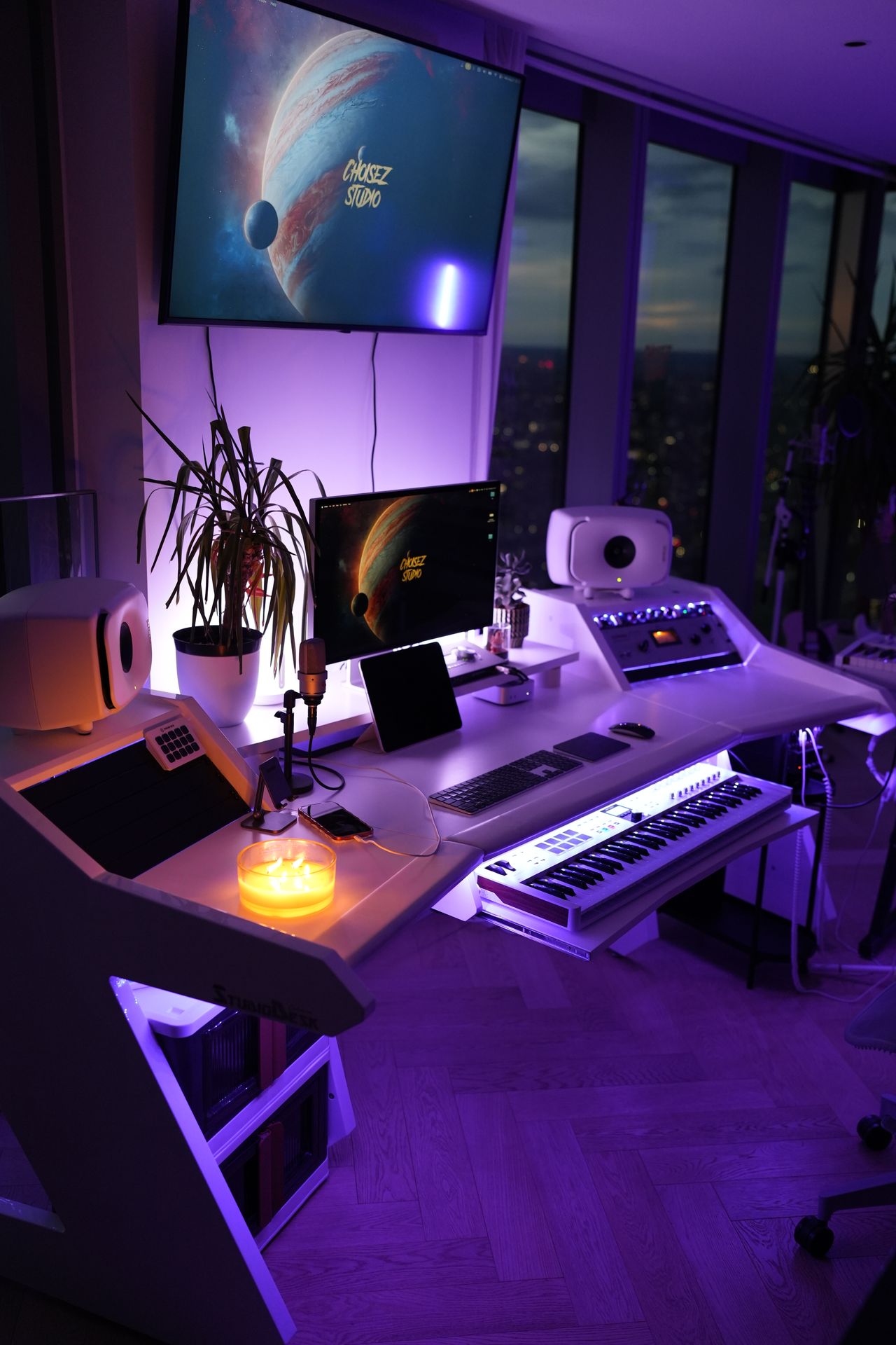 Music production desk with Teletronix compressor and Genelec monitors at Choisez production studio in London