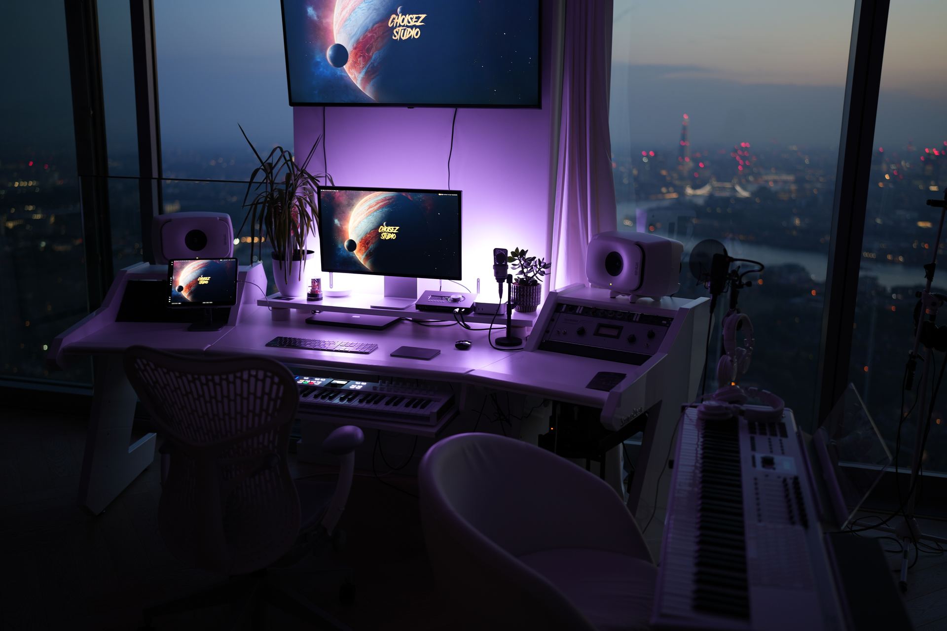 Recording studio desk and monitors at Choisez Studio on the 73rd floor in Canary Wharf, London