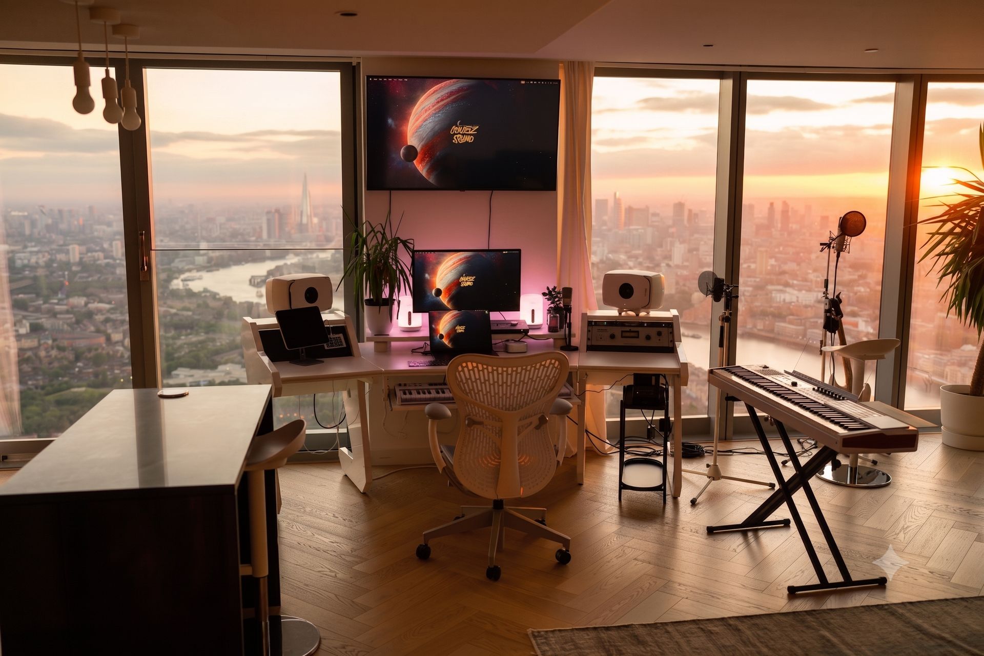 Studio keyboards and microphone overlooking London at sunset