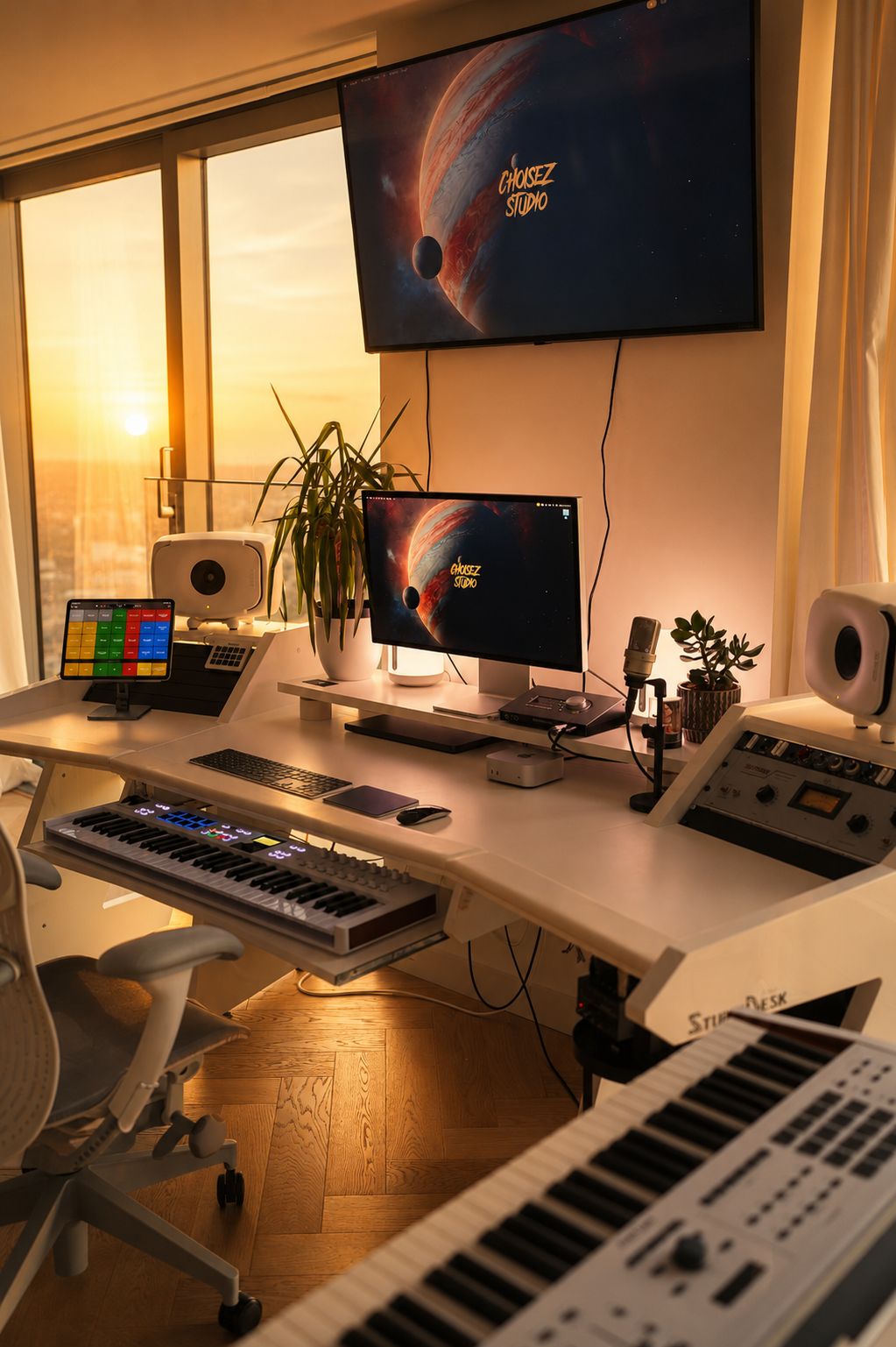 Grand piano keyboard and skyline view inside the London studio
