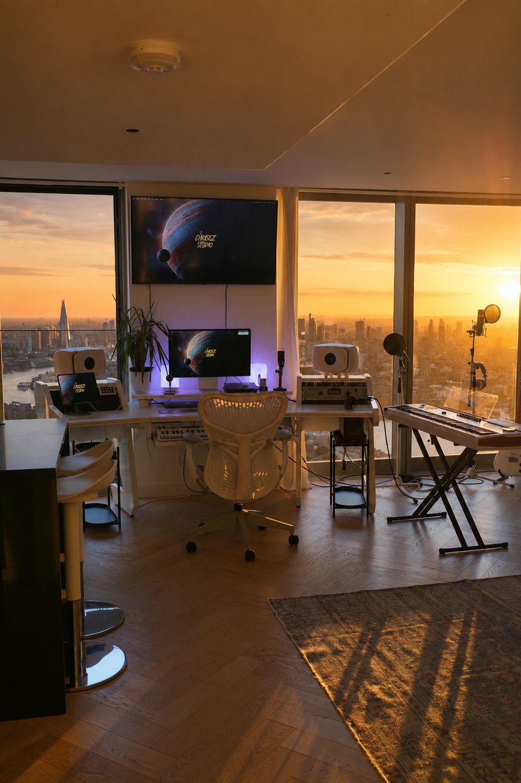 View over Canary Wharf and the London skyline from the recording studio